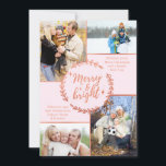 Merry & Bright Photo Collage Roos Gold Christmas Feestdagenkaart<br><div class="desc">Personaliseer deze moderne kerstkaart met vier van uw favoriete familiefoto's. De sjabloon is opgezet voor u om uw vier foto's toe te voegen en heeft ook twee secties voor uw groeten en uw namen. Het midden van de kaart heeft een winterkrans met de vermelding "Vrolijk en helder" in een modern...</div>