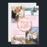 Merry & Bright Photo Collage Roos Gold Christmas Feestdagenkaart<br><div class="desc">Personaliseer deze moderne kerstkaart met vier van uw favoriete familiefoto's. De sjabloon is opgezet voor u om uw vier foto's toe te voegen en heeft ook twee secties voor uw groeten en uw namen. Het midden van de kaart heeft een winterkrans met de vermelding "Vrolijk en helder" in een modern...</div>