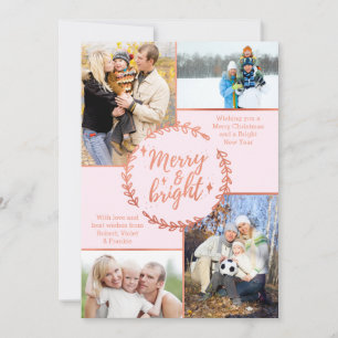 Merry & Bright Photo Collage Roos Gold Christmas Feestdagenkaart