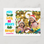 Merry Bright Pink Blue Kerstverlichting Foto Feestdagenkaart (Voorkant)