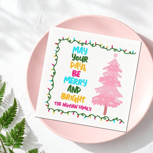 Merry Bright Pink Christmas Tree Custom Party Servet