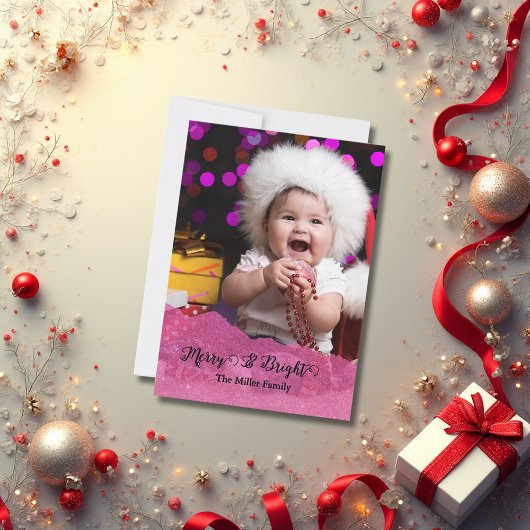 Merry & Bright Pink Glitter Christmas Photo  Feestdagenkaart