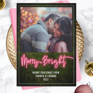 Merry + Bright Pink Neon Boxwood kerstfoto Feestdagenkaart