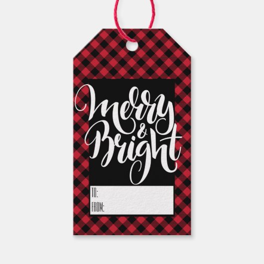 Merry Bright Red Black Buffalo Plaid Tartan Cadeaulabel (Voorkant)