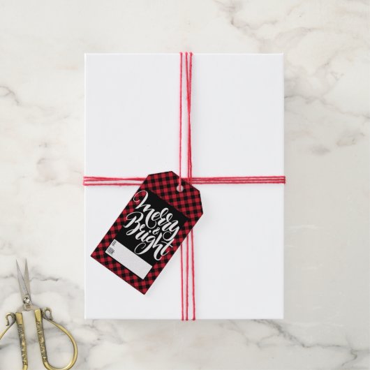 Merry Bright Red Black Buffalo Plaid Tartan Cadeaulabel (Met Touw)