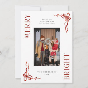 Merry & Bright Red Bow Foto Kerst Kaart