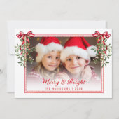 Merry Bright Red Bows Greenery Foto van Kerstmis Feestdagenkaart (Voorkant)