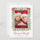 Merry Bright Red Bows Greenery Kerstfoto Feestdagenkaart (Voorkant)