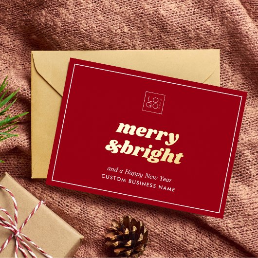 Merry & Bright Red Custom Logo Holiday Kaart