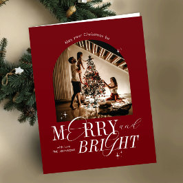 Merry & Bright Red Elegant Script minimalistische  Feestdagen Kaart