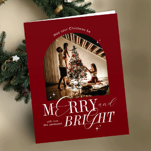 Merry & Bright Red Elegant Script minimalistische  Feestdagen Kaart