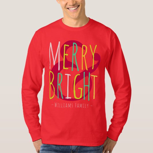 Merry & Bright Red, Green Blue Typography Holiday T-shirt (Voorkant)