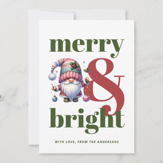 Merry & Bright Red Green Gnome Niet-foto Kerstmis Feestdagenkaart (Voorkant)