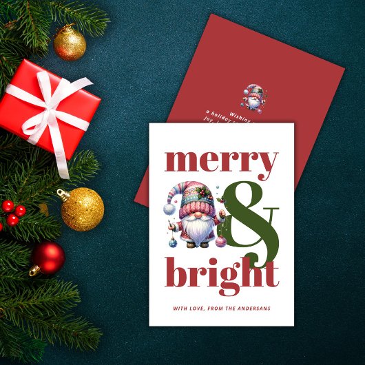 Merry & Bright Red Green Gnome Niet-foto Kerstmis Feestdagenkaart