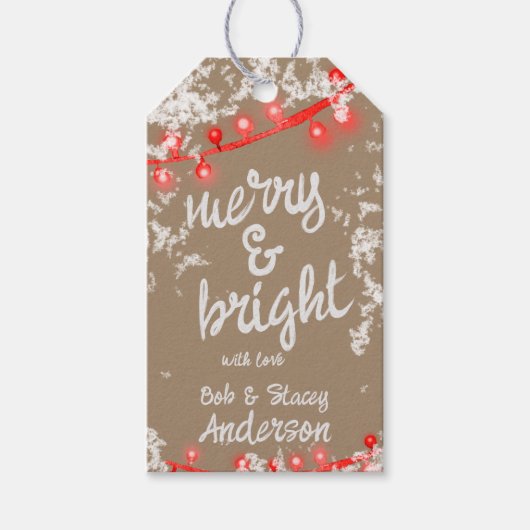 Merry & Bright Red kerstboomverlichting Kraft Cadeaulabel (Voorkant)
