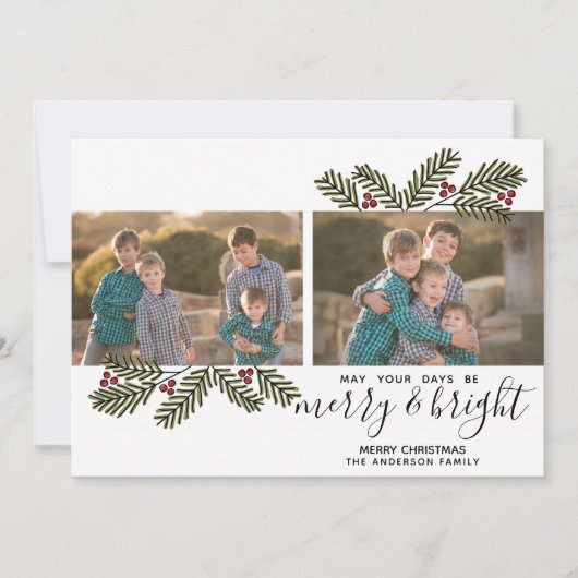 Merry Bright Retro 2 foto Modern Pine Branches Feestdagenkaart (Voorkant)