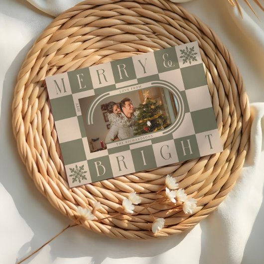 Merry & Bright Retro Checker Kerstboog Foto Feestdagenkaart