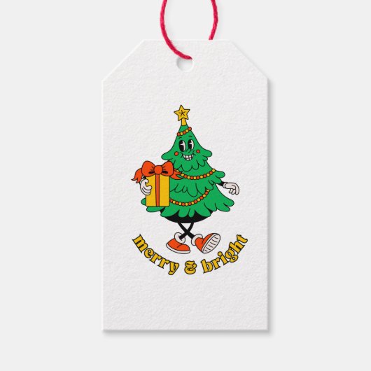 Merry & Bright Retro Christmas Tree Gift Label Cadeaulabel (Voorkant)