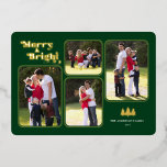 Merry & Bright Retro Fotogroen kerstgoud Folie Feestdagenkaart<br><div class="desc">Op deze kerstkaart staat de tekst "Merry & Bright" die in een leuke retro gouden folie lettertype op een donkergroene achtergrond wordt weergegeven. Het ontwerp biedt 4 fotokaders voor u favoriete afbeeldingen aan. Foto © Storytree Studios,  Stanford,  CA</div>