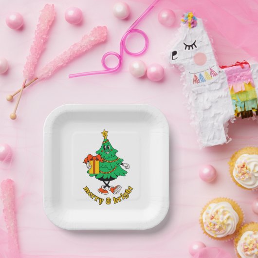 Merry & Bright Retro Kerstboom Papier Borden Papieren Bordje (Feest)