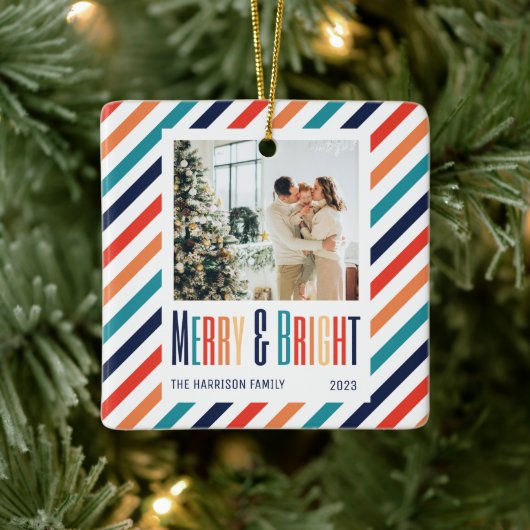 Merry & Bright Retro Kleurrijke Strepen Foto Keramisch Ornament (Boom)