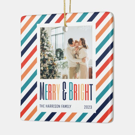 Merry & Bright Retro Kleurrijke Strepen Foto Keramisch Ornament (Links)