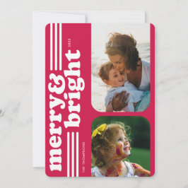 Merry & Bright Retro Magenta Holiday-fotokaart Feestdagenkaart