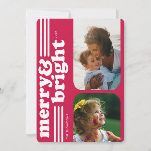Merry & Bright Retro Magenta Holiday-fotokaart Feestdagenkaart