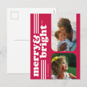 Merry & Bright Retro Magenta Photo Briefkaart (Voorkant / Achterkant)