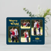 Merry & Bright Retro Photo Blue-kerstgoud Folie Feestdagenkaart (Staand Voorkant)