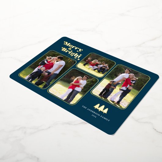 Merry & Bright Retro Photo Blue-kerstgoud Folie Feestdagenkaart (Gedraaid)