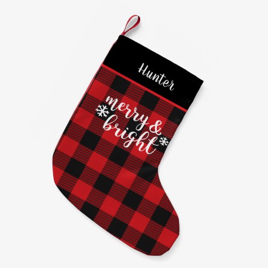 Merry & Bright Rustic Buffalo Plaid Gepersonalisee Kleine Kerstsok (Voorkant (Hangend))