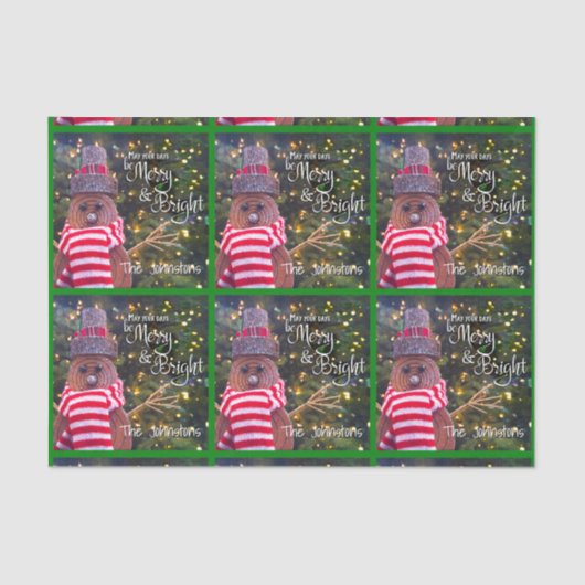Merry Bright Rustic Snowman Naam Groen Patroon Tissuepapier (Voorkant)