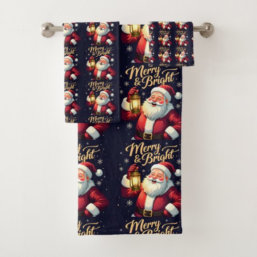 Merry Bright Santa Holding Lantern Illustration Bad Handdoek (Insitu)
