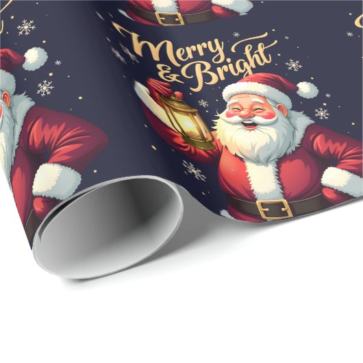 Merry Bright Santa Holding Lantern Illustration Cadeaupapier (Rol Hoek)