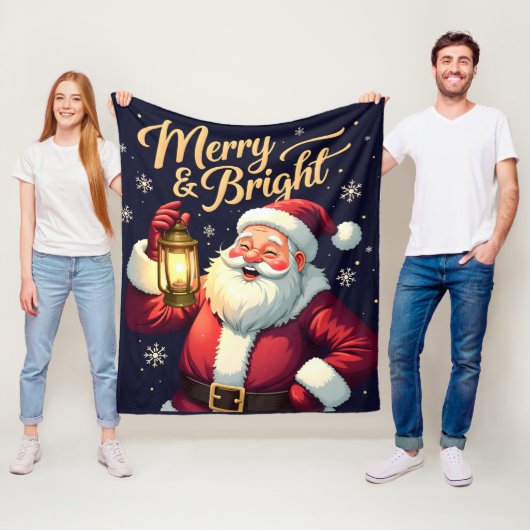 Merry Bright Santa Holding Lantern Illustration Fleece Deken (In situ)