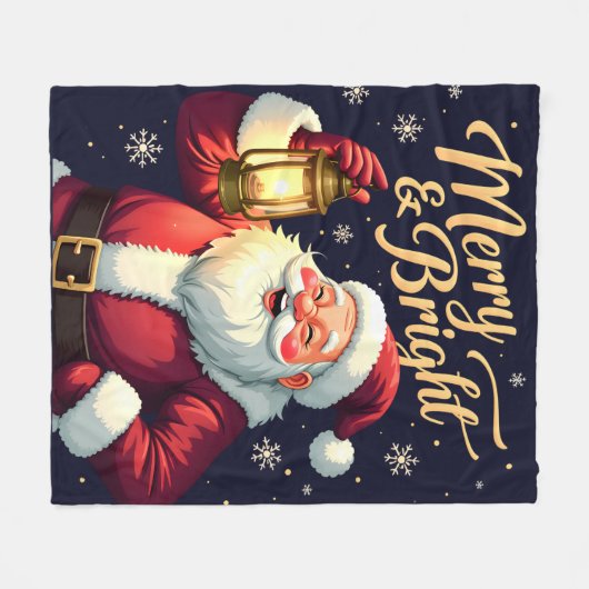 Merry Bright Santa Holding Lantern Illustration Fleece Deken (Voorkant (Horizontaal))