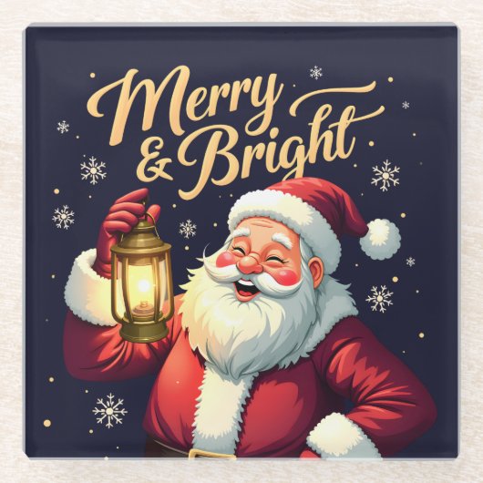 Merry Bright Santa Holding Lantern Illustration Glazen Onderzetter (Voorkant)