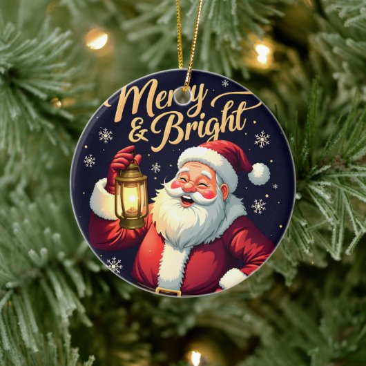 Merry Bright Santa Holding Lantern Illustration Keramisch Ornament (Boom)