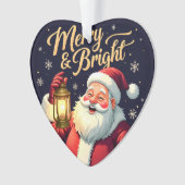 Merry Bright Santa Holding Lantern Illustration Ornament (voorkant)