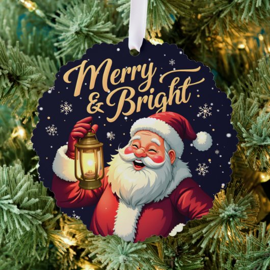 Merry Bright Santa Holding Lantern Illustration Ornament Kaart (Insitu (Drie))