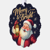 Merry Bright Santa Holding Lantern Illustration Ornament Kaart (Links)