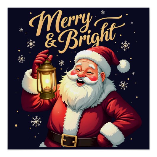Merry Bright Santa Holding Lantern Illustration Perfect Poster (Voorkant)