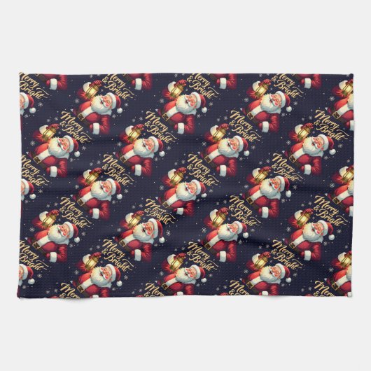 Merry Bright Santa Holding Lantern Illustration Theedoek (Horizontaal)