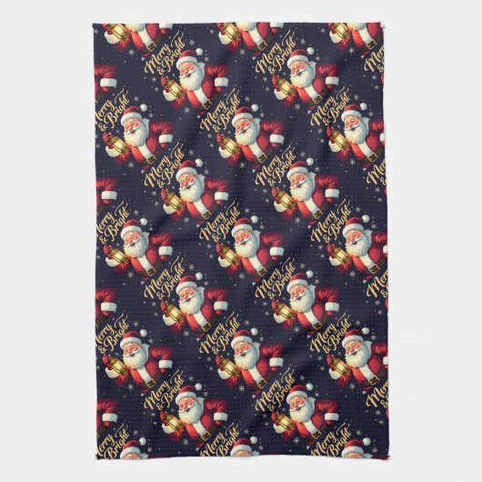 Merry Bright Santa Holding Lantern Illustration Theedoek (Verticaal)