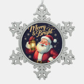 Merry Bright Santa Holding Lantern Illustration Tin Sneeuwvlok Ornament (Voorkant)