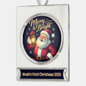 Merry Bright Santa Holding Lantern Illustration Verzilverd Banner Ornament (Links)