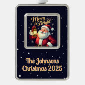 Merry Bright Santa Holding Lantern Illustration Verzilverd Omlijst Ornament (Voorkant)