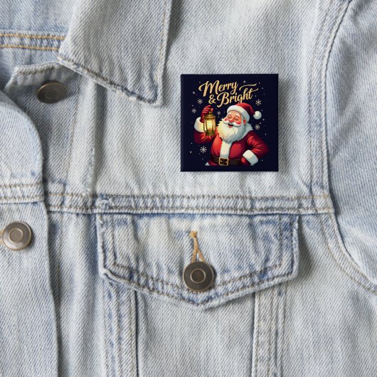 Merry Bright Santa Holding Lantern Illustration Vierkante Button 5,1 Cm (In situ)