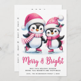 Merry Bright Schaatspinguïns Roze Kerst Feestdagenkaart